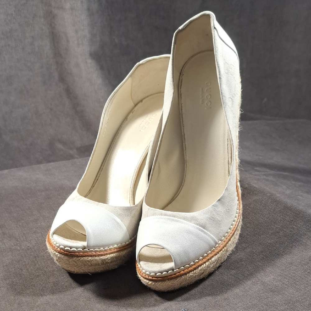 Gucci Cream Peep-Toe Espadrille Wedge Heels EU40 US 9